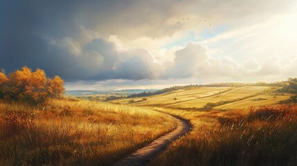 Obraz premium Serene landscape with winding path through golden fields under dramatic sky