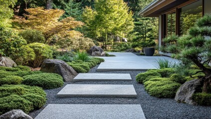 Fototapeta premium Serene Japanese garden path with stepping stones, gravel, and lush greenery.