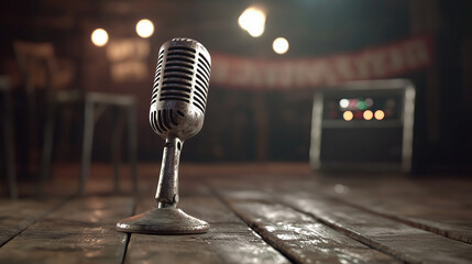 Vintage microphone stand on stage with nostalgia and memories