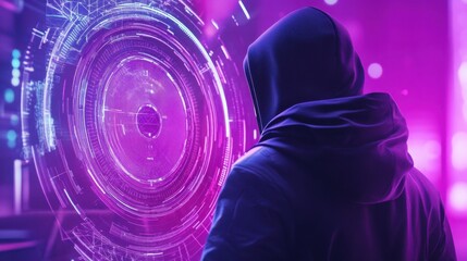 Hacker using abstract polygonal circles interface on blurry purple background. Metaverse and future concept
