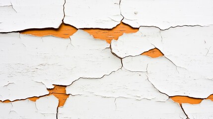 Obraz premium Close-up of weathered white paint peeling off a wooden surface, revealing orange underneath