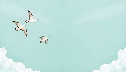 Minimalist illustration of three birds flying in blue sky