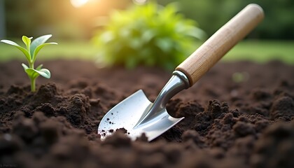 Garden trowel in fresh soil with young plant sprouting