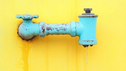 A broken iron water socket with dripping water, rust stains spreading over a bold yellow surface