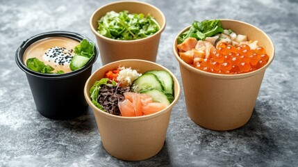 Variety of Delicious and Colorful Poke Bowls Served in Takeout Containers