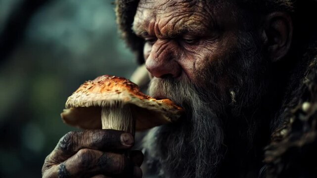 Rugged Elderly Neanderthal Man Eating Red Orange Mushroom in Moody Forest Light
