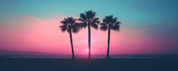 Obraz premium A tranquil scene of four silhouetted palm trees standing tall against a stunning tropical sunset over the ocean, with warm hues blending into the peaceful sky.