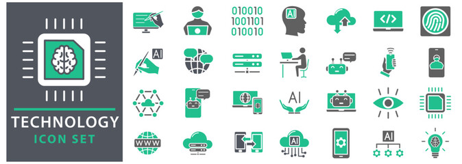 Technology icon set. Containing ai, robotics, biometric, geolocation, cloud computing and automation icon. Set icon collection.