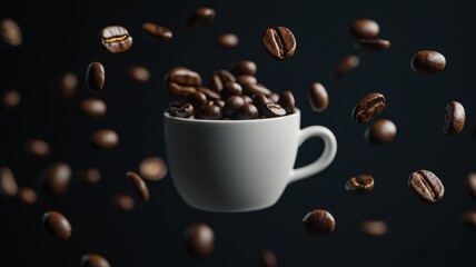 Obraz premium Aromatic Coffee Beans Falling into White Cup Dark Background