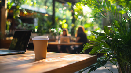 A modern coffee shop in a natural setting with professionals