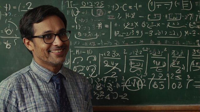 Math Teacher With Friendly Smile Engaging Students in a Classroom Filled With Complex Equations and a Chalkboard in the Background. Generative AI