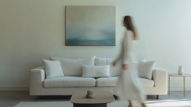 Blurred woman walking in a feminine living room interior with a sofa, coffee table and painting