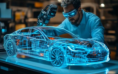 Futuristic automotive engineer using augmented reality to construct an electric vehicle model