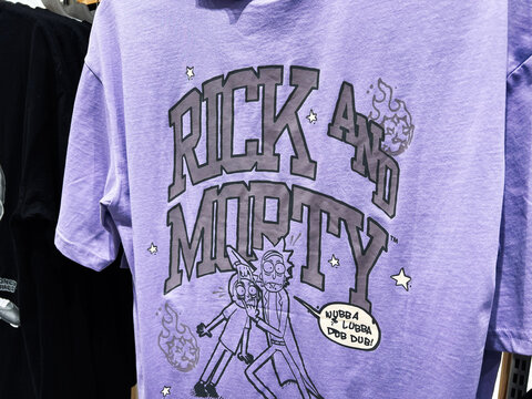 Lviv, Ukraine - February 13, 2025: Purple t-shirt featuring popular animated cartoon design and humorous phrase