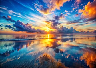 Serene Dawn Seascape: Double Exposure Calm Ocean & Sunrise Sky Stock Photo