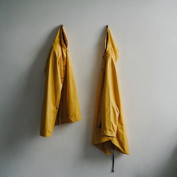 A bright yellow raincoat hanging perfectly against a white wall.