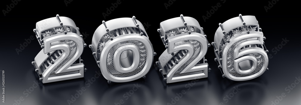 Poster the new technological year of 2026. designed in a modern steampunk style a row of 3d digits composed