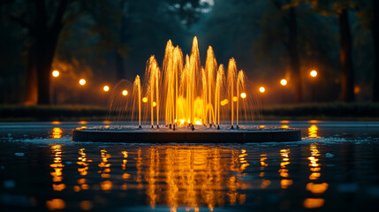 golden fountain lights up city park at night, water jets dance happily, casting an orange glow into darkness