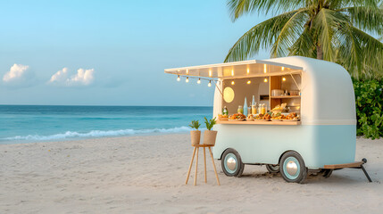 lively beachside food truck serving fresh seafood, surrounded by palm trees and ocean waves, creating vibrant atmosphere for beachgoers