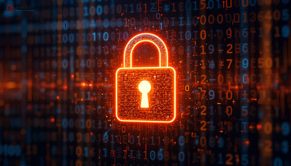 A vivid digital padlock icon illuminated over a matrix of encrypted numbers, symbolizing cybersecurity and data protection concepts amidst technological advancements