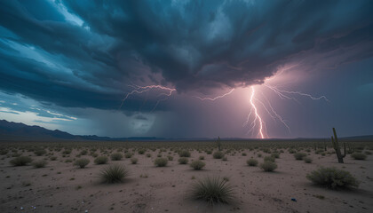 Obraz premium Dramatic Lightning Strike on a Desert Landscape Beneath a Stormy Sky