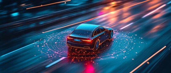Top view of futuristic autonomous car scanning the road for hazards, IOTpowered selfdriving mode with radar and sensor signals, advanced technology, digital vehicle safety concept