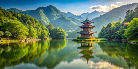 Fototapeta premium Serene Landscape with Traditional Pagoda: Peaceful Asian Scenery Stock Photo