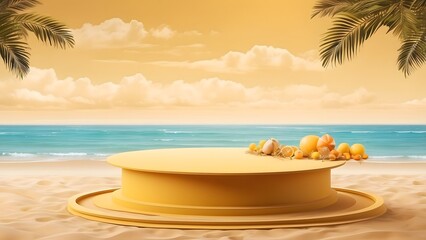 Obraz premium round podium banner with empty space, Yellow luxury sea view sandy beach theme background, holiday banner poster background for advertisement ads