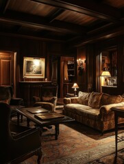 Classically designed living room with wooden paneling features warm lighting