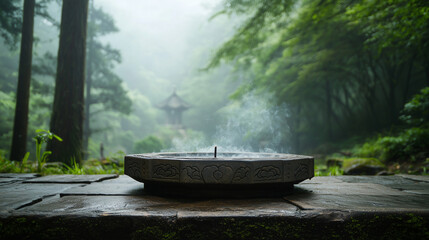 A serene Buddhist cremation site in a tranquil forest clearing
