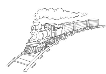 Hand-drawn black and white illustration, cute train with a steam engine and two simple wagons, moving on a curved railway track, taking up the full width of the page