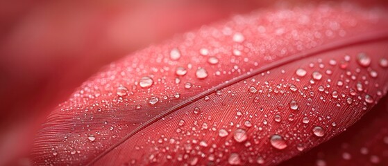 Fototapeta premium Dew drops on a pink feather close up. Background