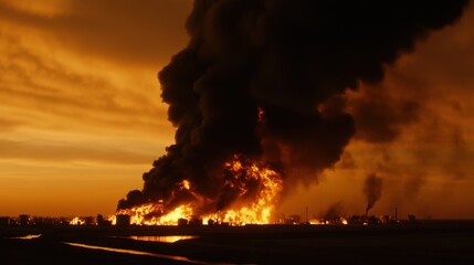 Fototapeta premium Flames shooting from a boiler explosion, thick black smoke swirling against a burning orange sky