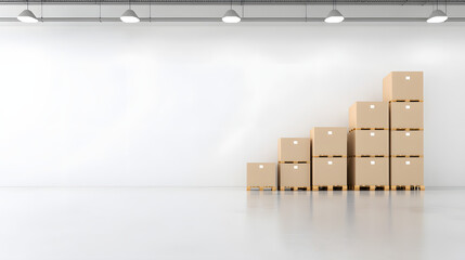 Modern warehouse interior with neatly stacked cardboard boxes on pallets, showcasing organized storage space. clean design emphasizes efficiency and functionality