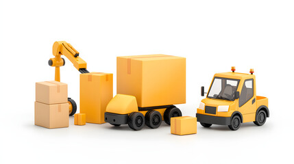 modern warehouse scene featuring yellow robotic equipment, including robotic arm, transport vehicle, and stacked boxes. This setup showcases automation in logistics and storage