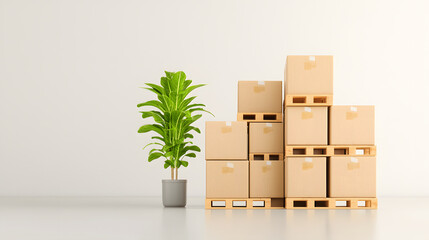 Neatly stacked cardboard boxes on wooden pallets beside green plant in pot, creating modern warehouse interior. arrangement adds touch of nature to industrial space