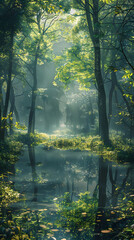 Fototapeta premium Misty Morning in a Serene Forest Clearing with Reflective Pond and Dappled Sunlight