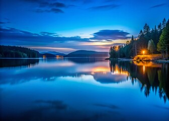 Fototapeta premium Serene Night Lake: Soft Light Reflections & Calm Waters