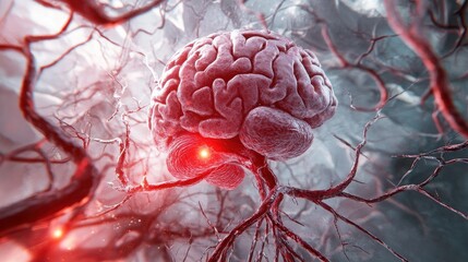 D rendering of an aneurysm in the cerebral artery with surrounding brain tissue