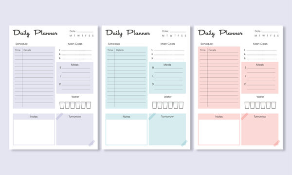 Minimalist daily planner template set. Vector illustration