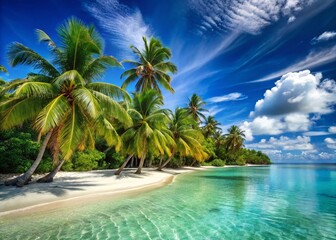 Obraz premium Serene Paradise Island: Palm Trees, Sandy Beach, Azure Sea - Relaxing Vacation Getaway