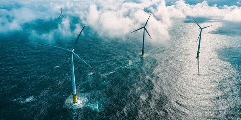 Fototapeta premium An aerial view of wind turbines in sea