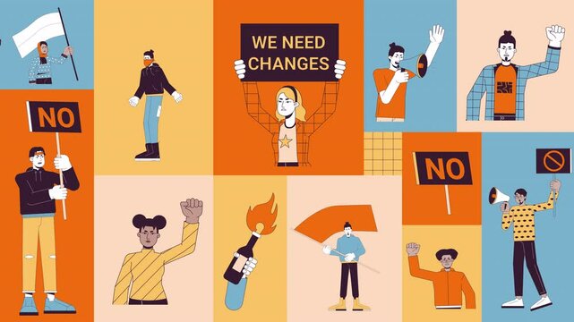 Protest demonstration animated bento grid layout. Free speech. Riots. Rebel activists diverse people with placards 2D animation flat cartoon ui collage design. 4K video motion graphic collection