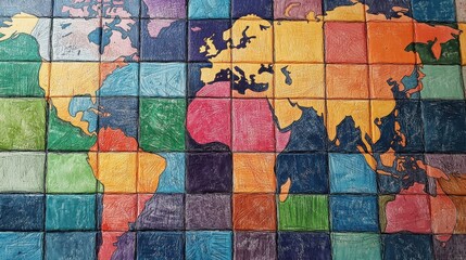 the world map drawing with colorful squares.