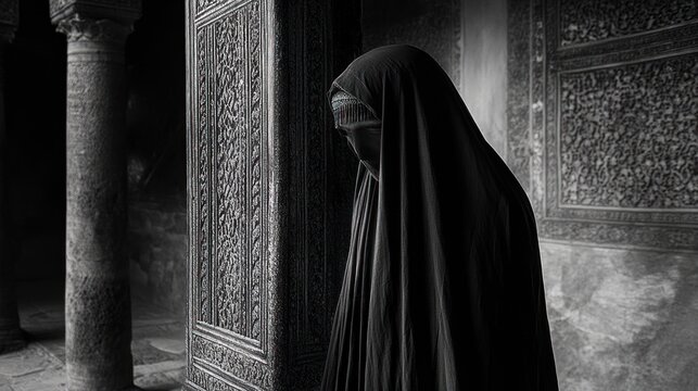 Black-clad woman in prayerful contemplation within an ornate mosque