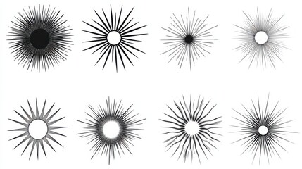 Sunburst vintage. Vector sun burst line icon set. Radial starburst in retro style. Sun ray line in circle design, abstract spark logo in hand draw style.