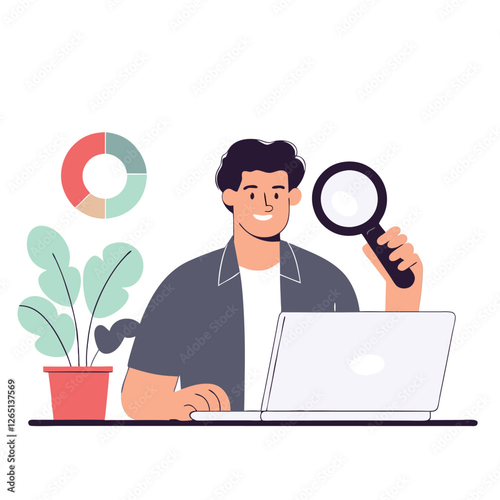 Poster a man of undefined ethnicity is analyzing data with a magnifying glass, seated at a desk with a lapt