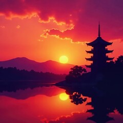 Fototapeta premium Pagoda silhouette against vibrant sunset hues , colorful, landscape
