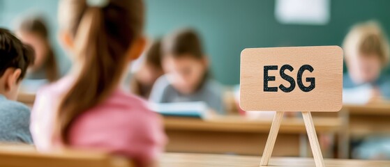 Fototapeta premium Classroom scene with students focused on learning, featuring an ESG sign prominently displayed.