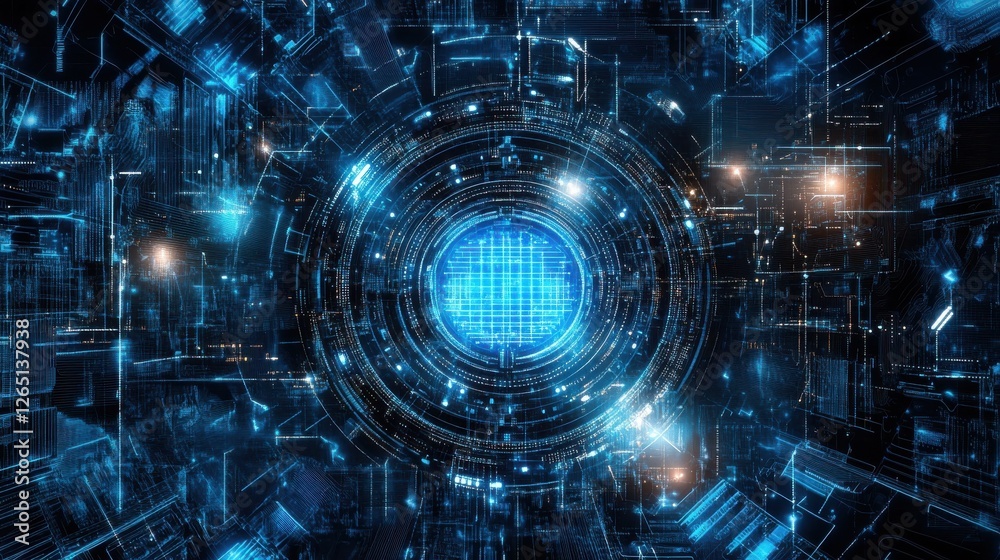 Poster abstract blue tech background with digital waves, dynamic network system, artificial neural connecti